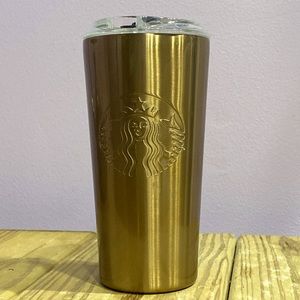 New Starbucks 2021 Classic Logo Shiny Gold Travel Coffee Mug Cup Size 18 FL OZ !